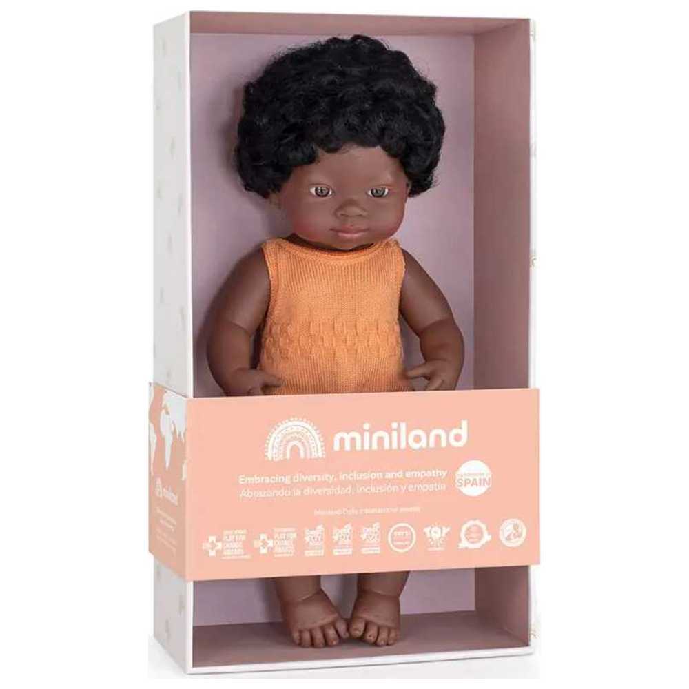 Miniland Educational - African Girl Baby Doll - Melon Romper - 38 cm