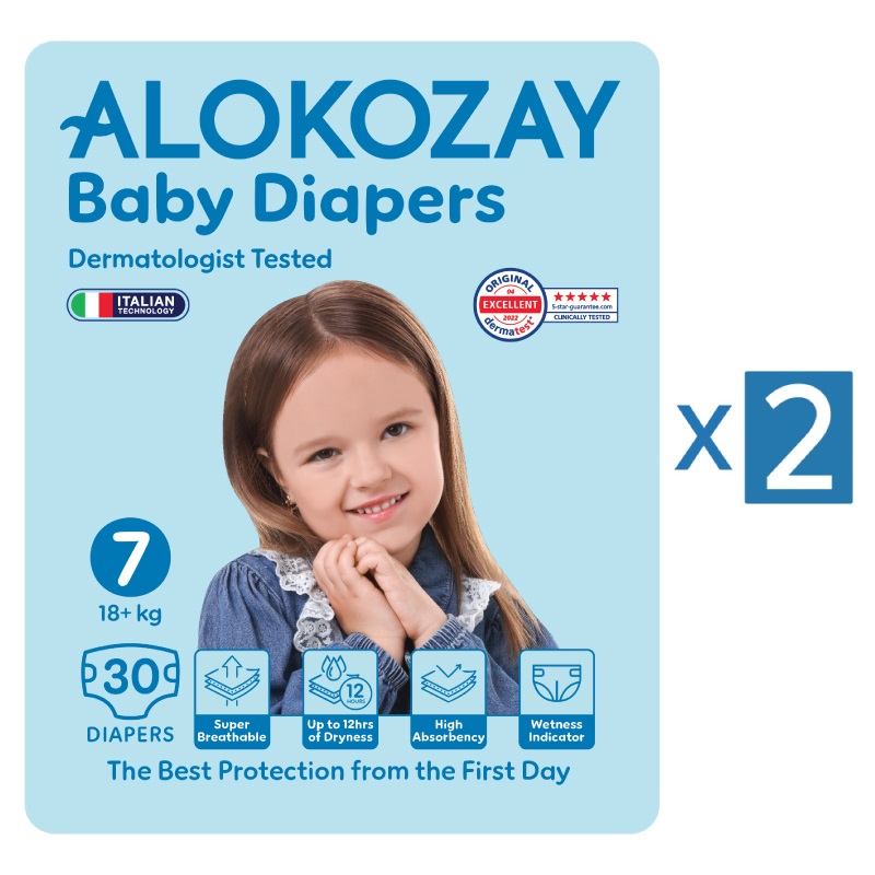 Alokozay -  Premium Baby Diapers 18+kg - Size 7 Pack of 2 - 60 Diapers