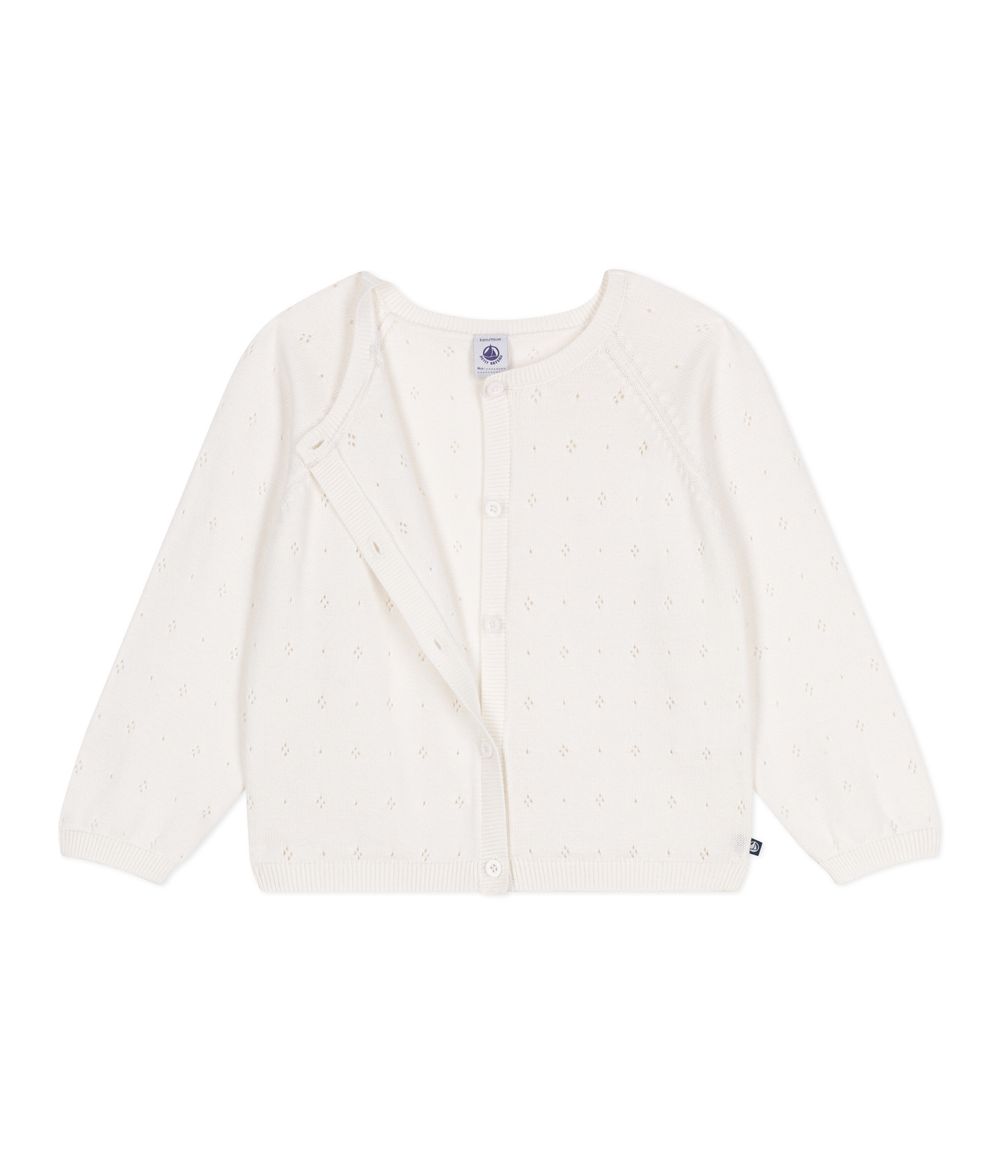Petit Bateau - Girl's Cotton Cardigan In A Decorative Stitch - Marshmallow White