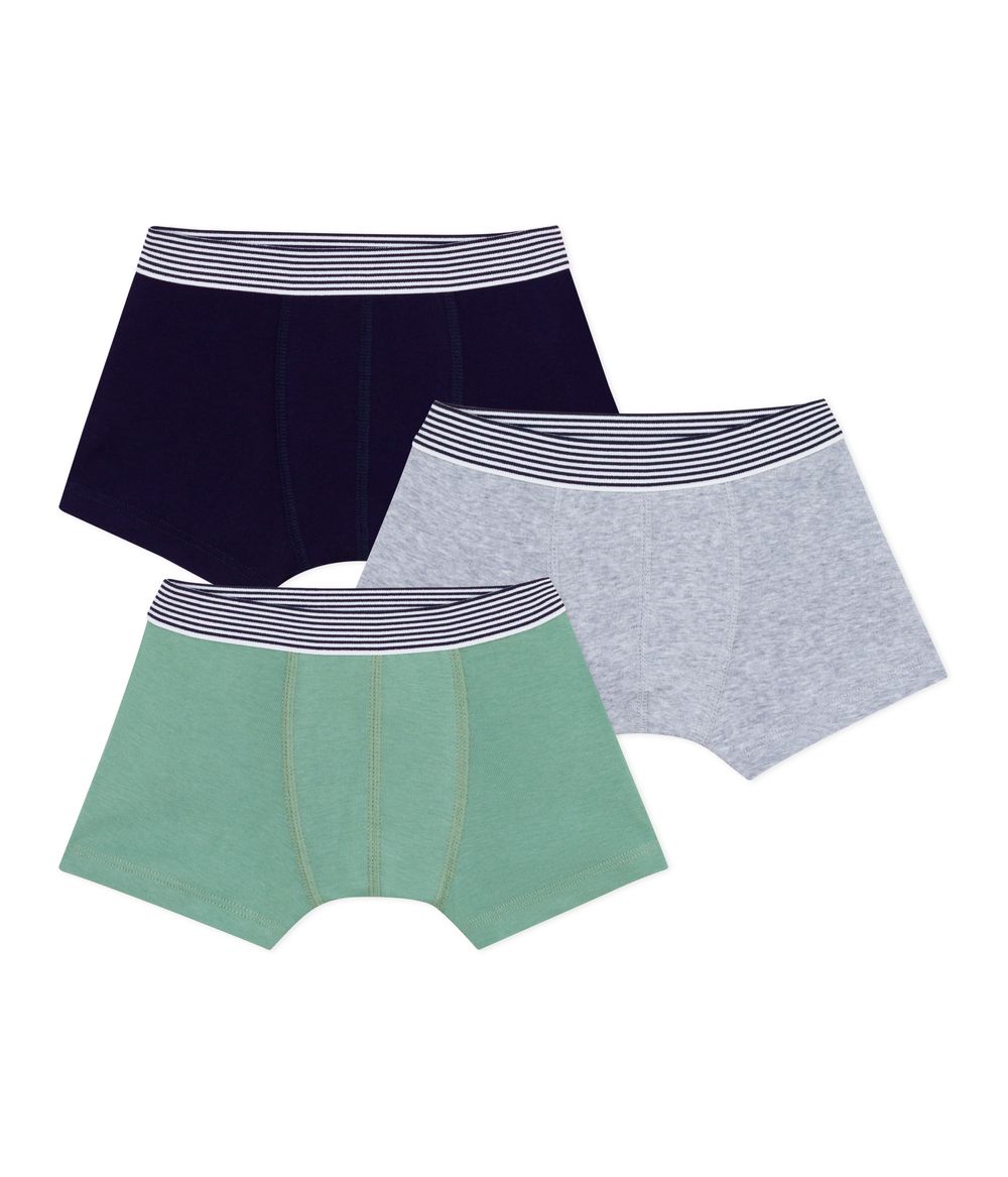 Petit Bateau - 3pc-Set - Boys' Plain Cotton Boxers - Green/Grey/Blue