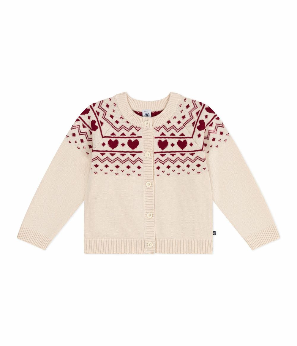 Petit Bateau - Girl's Patterned Jacquard Cardigan - Avalanche/Amarante