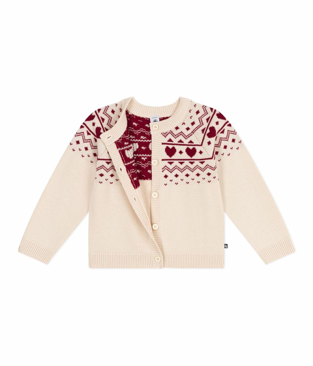 Petit Bateau - Girl's Patterned Jacquard Cardigan - Avalanche/Amarante