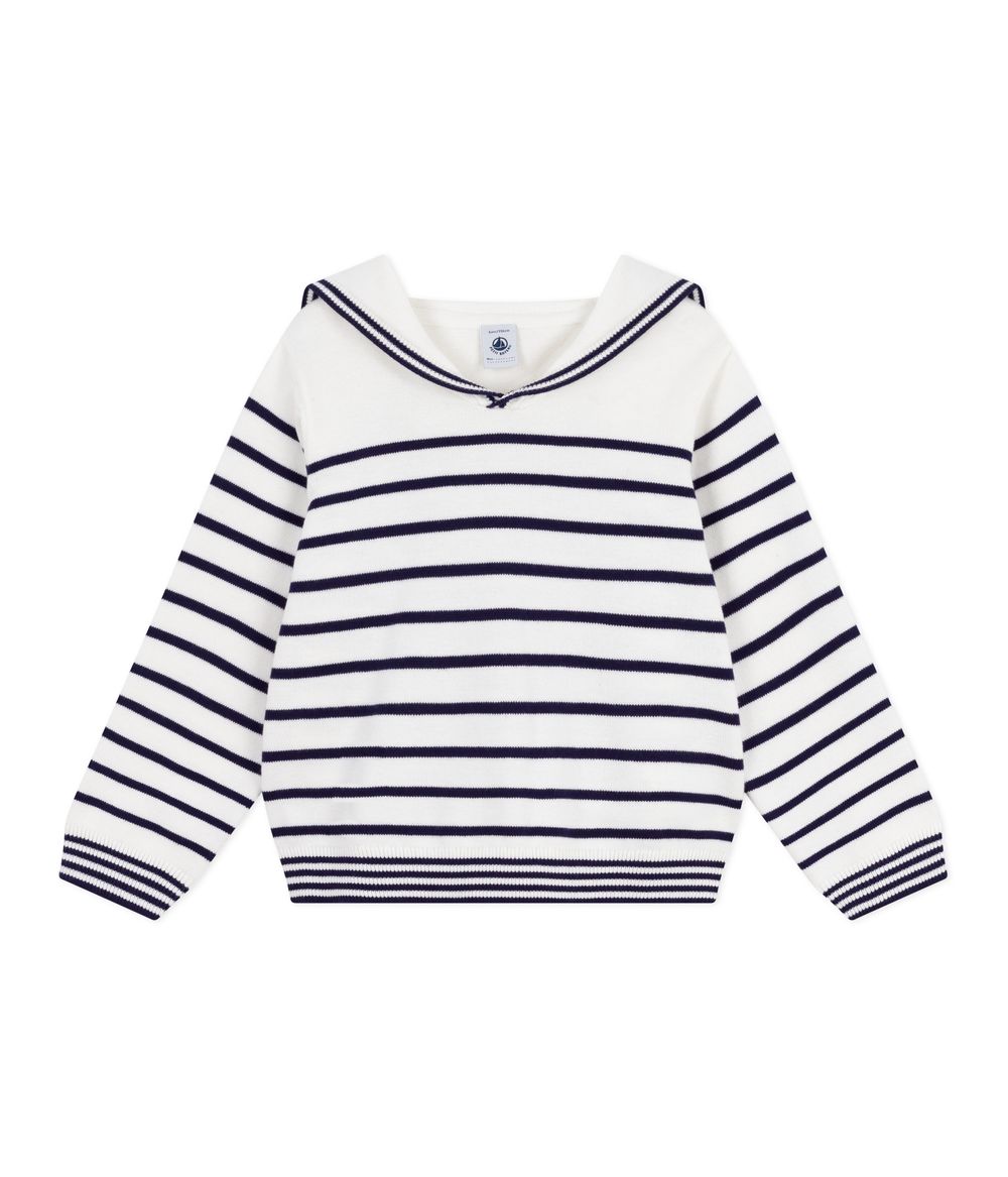 Petit Bateau - Girl's Stripy Cotton Sailor Jumper - Soir White/Blue