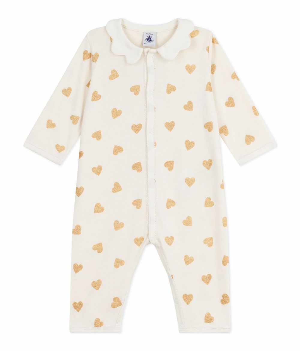 Petit Bateau - Babies' Footless Golden Heart Printed Pyjama Suit - Milk/Dore