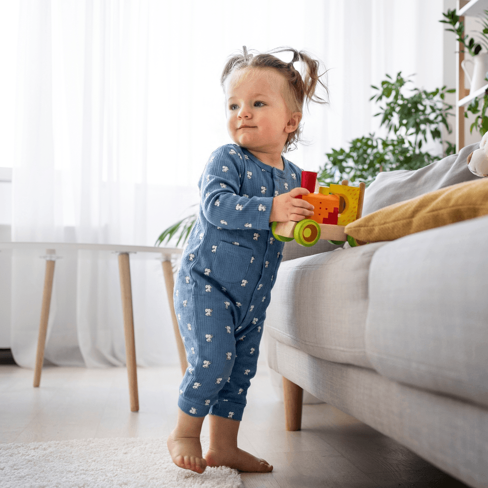 Babies Basic - Ribbed Cotton Set With Sleepsuit/Romper Cap And Bib - Blue