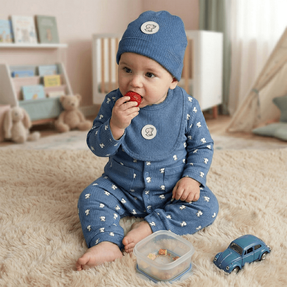 Babies Basic - Ribbed Cotton Set With Sleepsuit/Romper Cap And Bib - Blue
