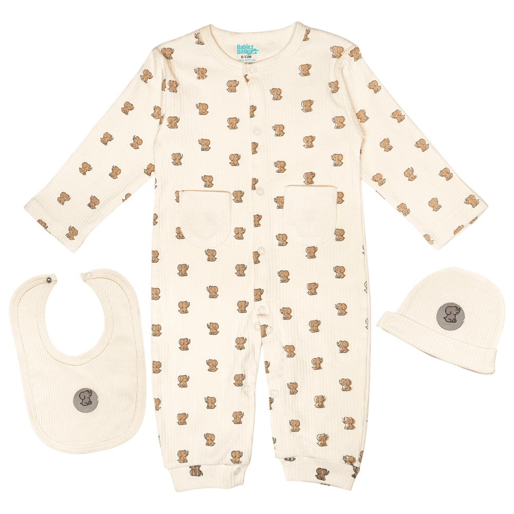 Babies Basic - Ribbed Cotton Set With Sleepsuit/Romper Cap And Bib - Cream