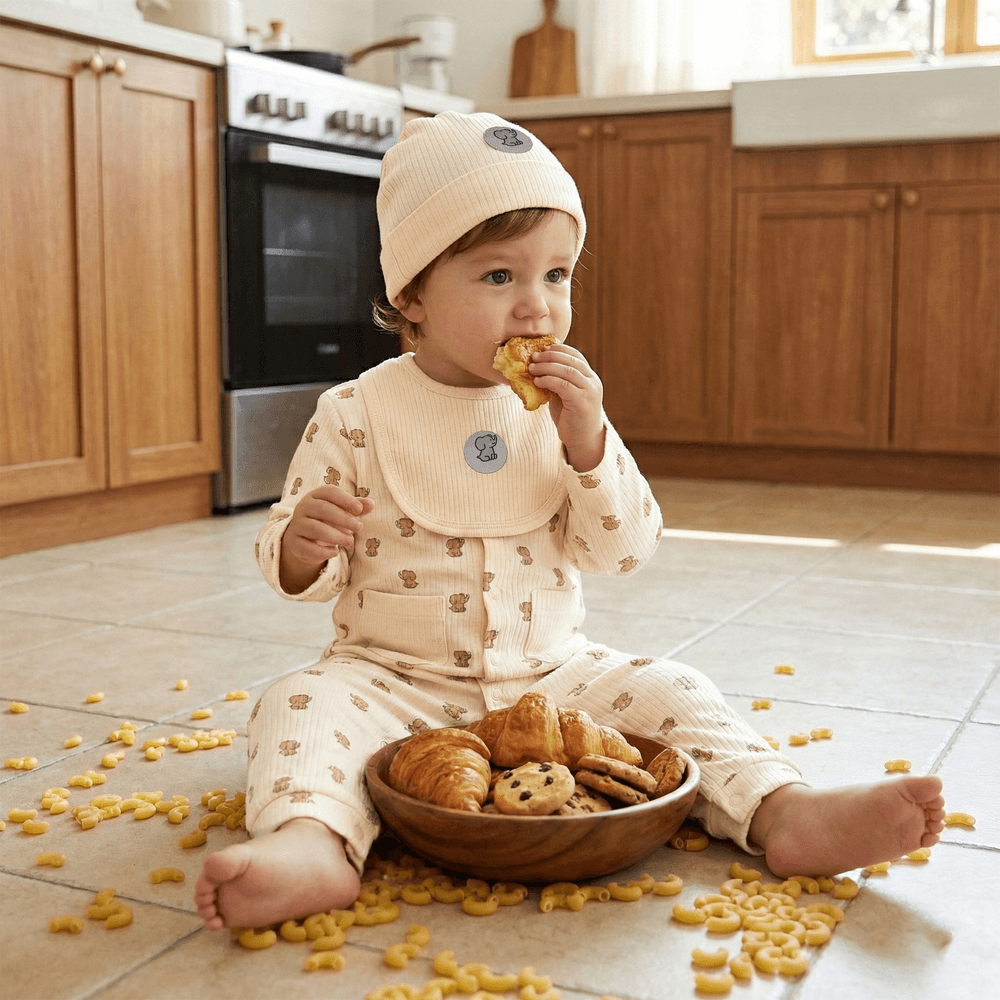 Babies Basic - Ribbed Cotton Set With Sleepsuit/Romper Cap And Bib - Cream