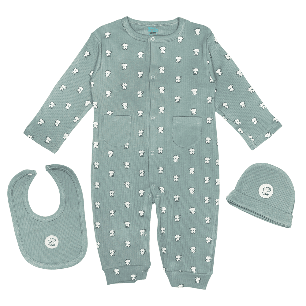 Babies Basic - Ribbed Cotton Set With Sleepsuit/Romper Cap And Bib - Green