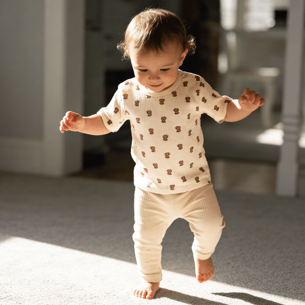Babies Basic - Ribbed Cotton Printed Short Sleeves T-Shirt and Pyjama Set