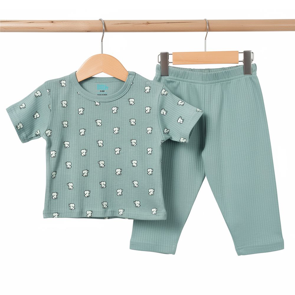 Babies Basic - Ribbed Cotton Printed Short Sleeves T-shirt And Pyjama Set