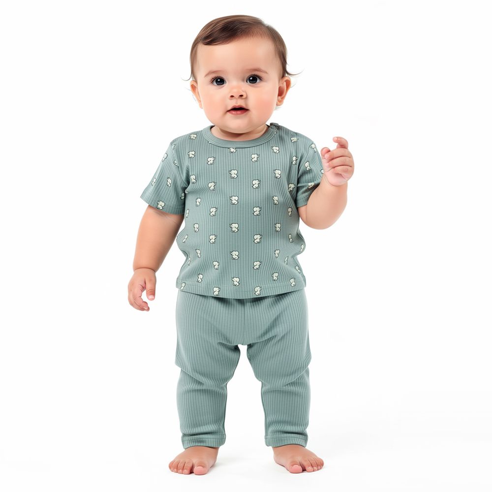Babies Basic - Ribbed Cotton Printed Short Sleeves T-shirt And Pyjama Set