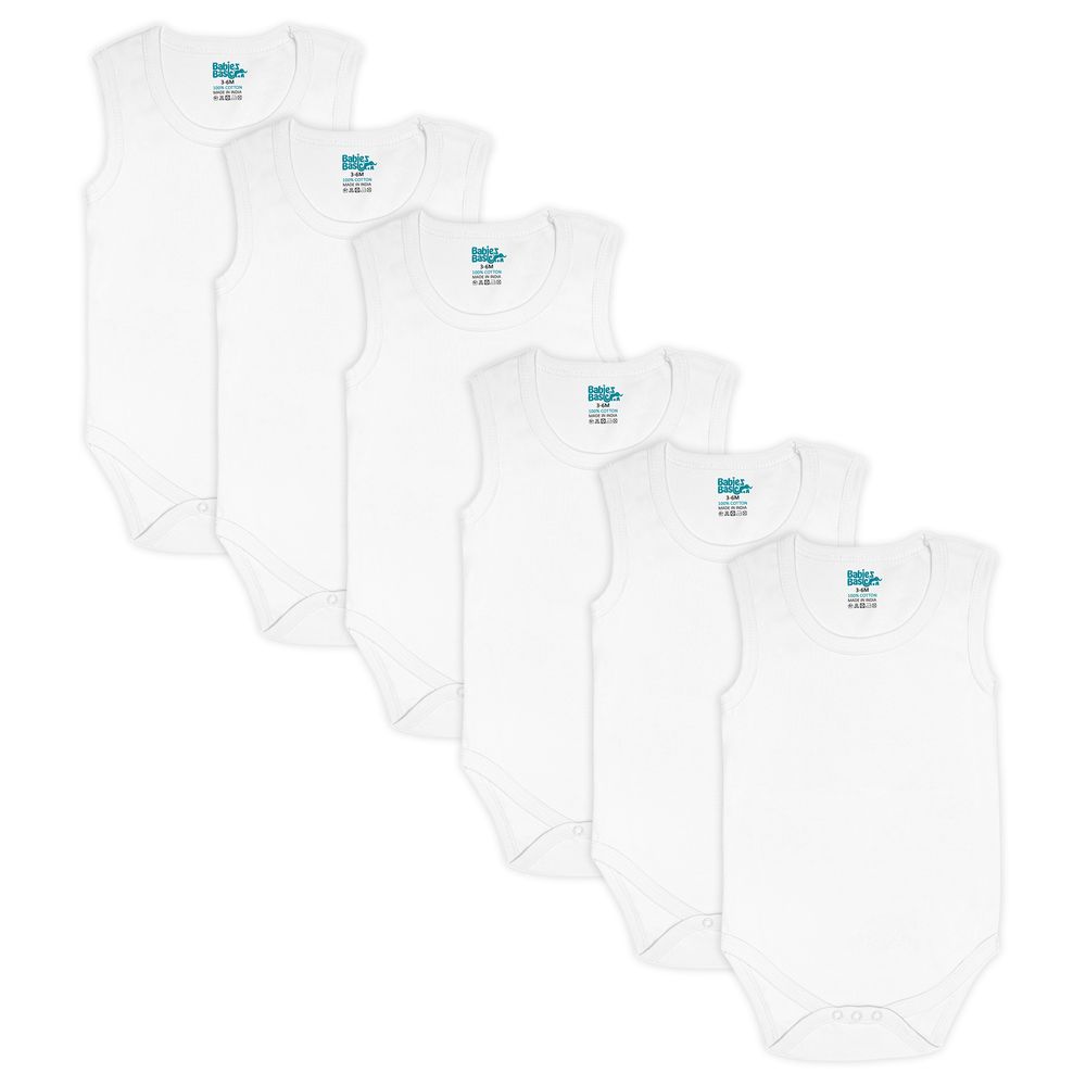 بيبيز بيسك - طقم تبان بدون أكمام قطن 100% - أبيض - 6 قطع