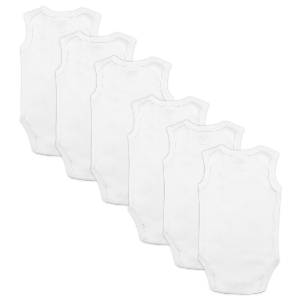 بيبيز بيسك - طقم تبان بدون أكمام قطن 100% - أبيض - 6 قطع