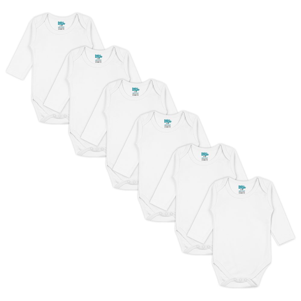 بيبيز بيسك - طقم تبان كم طويل قطن 100% - أبيض - 6 قطع