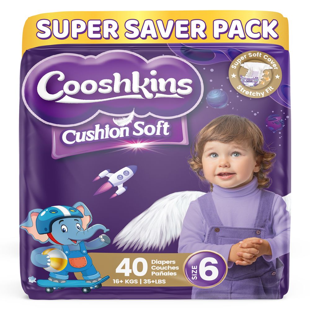 كوشكينز - حفاضات أطفال ناعمة للاستخدام مرة واحدة - مقاس 6 - وزن 16 كجم فأكثر - 40 قطعة