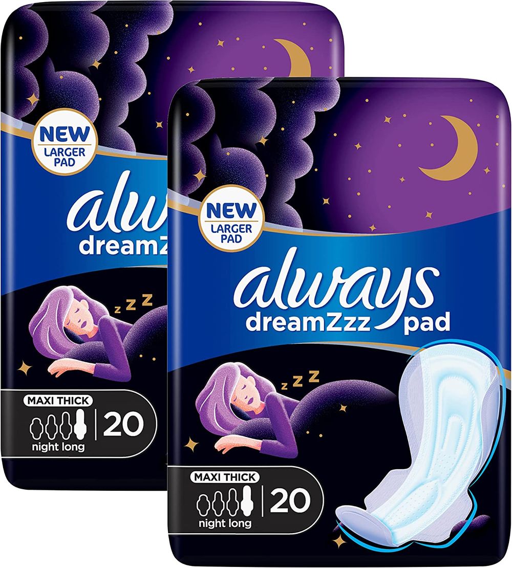 Always - Dreamzz Pad Clean & Dry Maxi Thick Night Long Sanitary Pads With Wings - Pack of 2 - 40Pcs