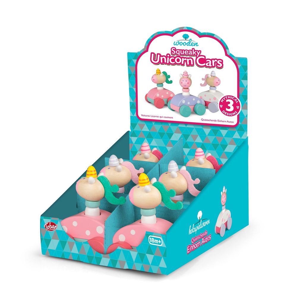 Tobar - Wooden Painted Squeaky Unicorn Toy Car - Style May Vary - 1 Pc