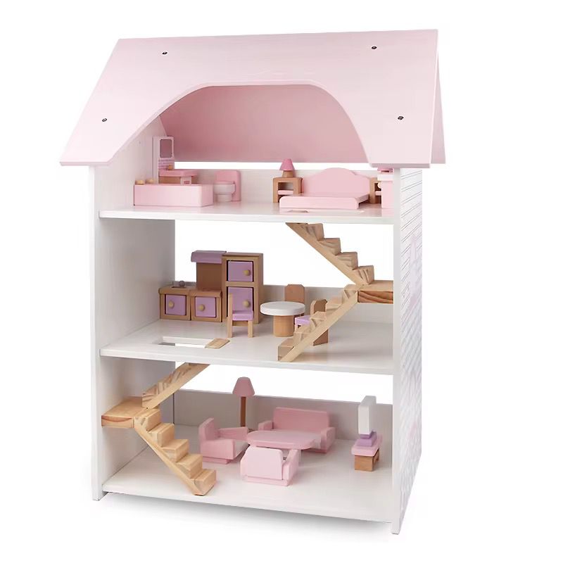 Maxims Baby Store - Three Story Wooden Doll Room Playset - Pink/White - 16 Pcs