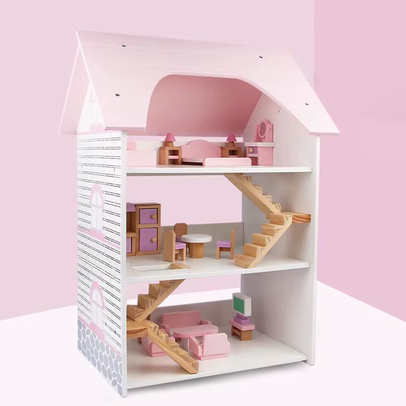 Maxims Baby Store - Three Story Wooden Doll Room Playset - Pink/White - 16 Pcs