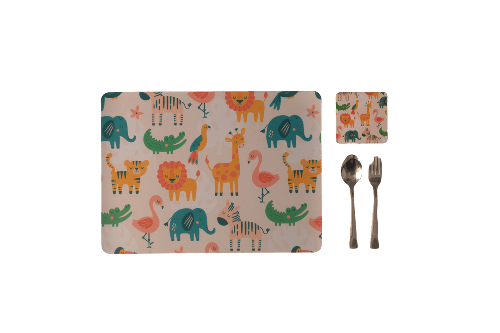 Tiny Tots Animal Safari Rubber Placemat, Coaster & Cutlery - 3pc Set