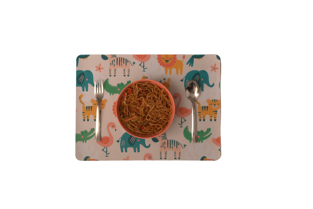 Tiny Tots Animal Safari Rubber Placemat, Coaster & Cutlery - 3pc Set