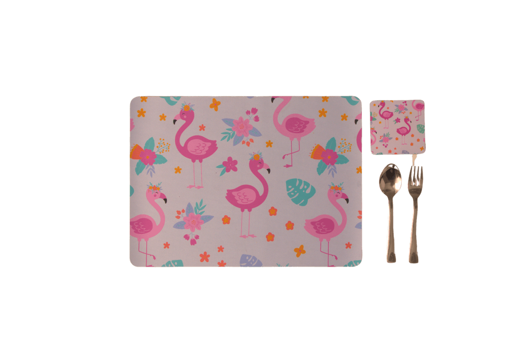 Tiny Tots Flamingo Rubber Placemat, Coaster & Cutlery - 3pc Set