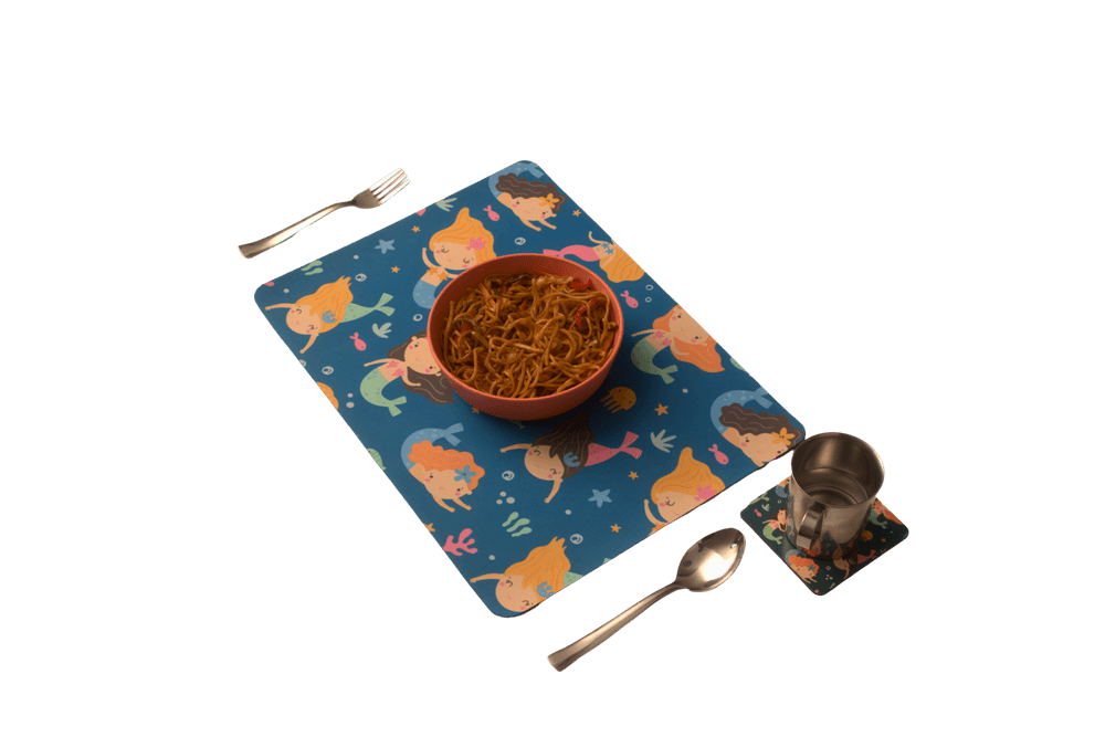 Tiny Tots Mermaid Rubber Placemat, Coaster & Cutlery - 3pc Set