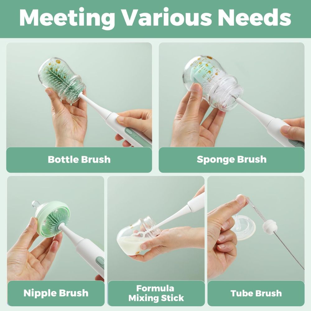 مجموعة فرشاة تنظيف رضّاعات الرضاعة الكهربائية المحمولة 7 في 1 من مومكوزي - أخضر