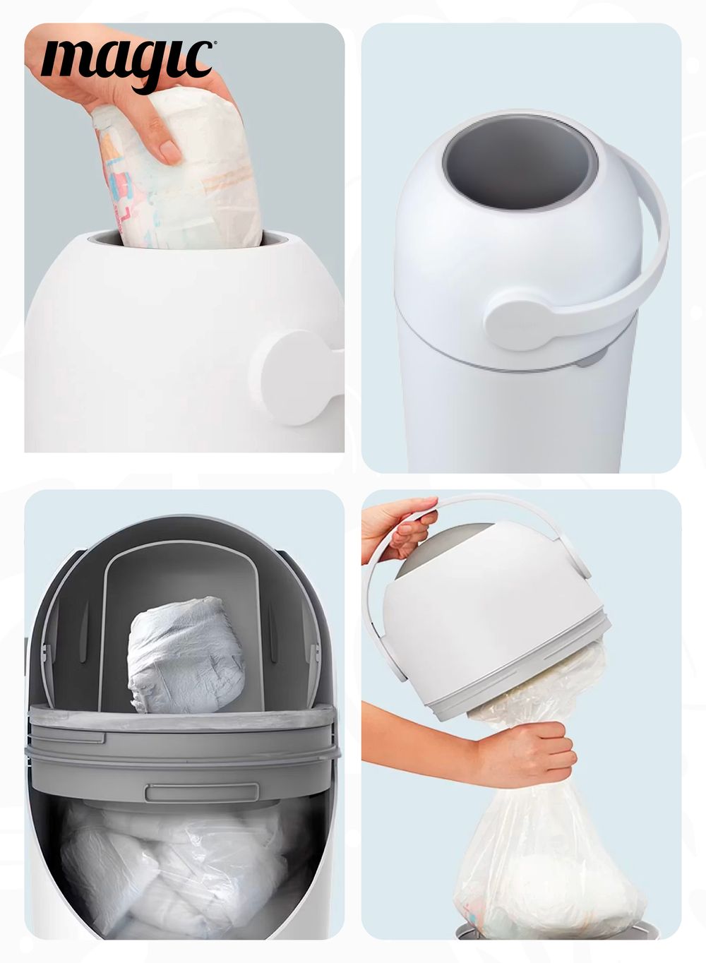 Magic - Heka Diaper Pail With 15 Trash Bags - Pigeon Blue - Medium