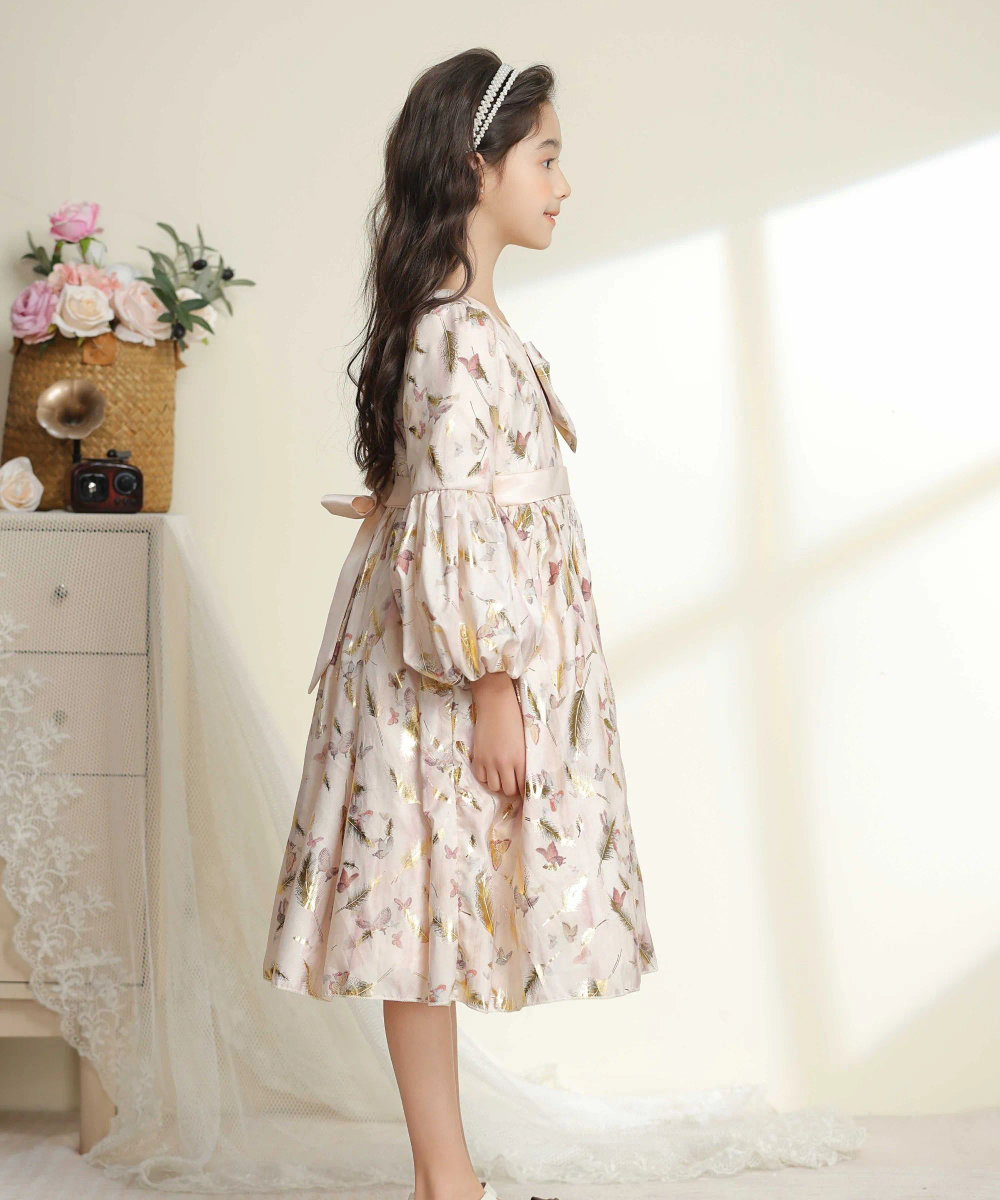 Le Crystal - Girl's Flare Sleeves Party Dress With Belt - Beige