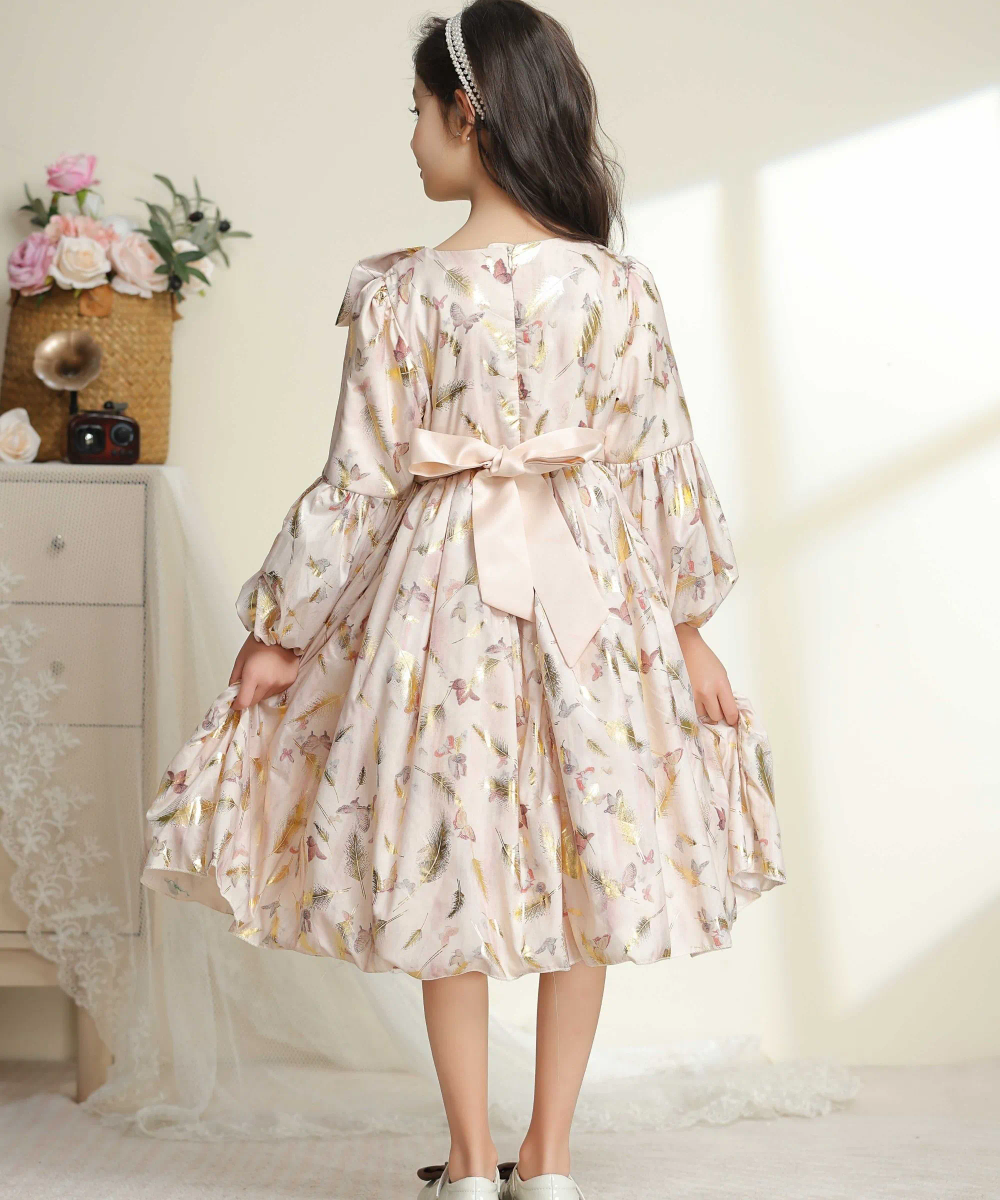 Le Crystal - Girl's Flare Sleeves Party Dress With Belt - Beige