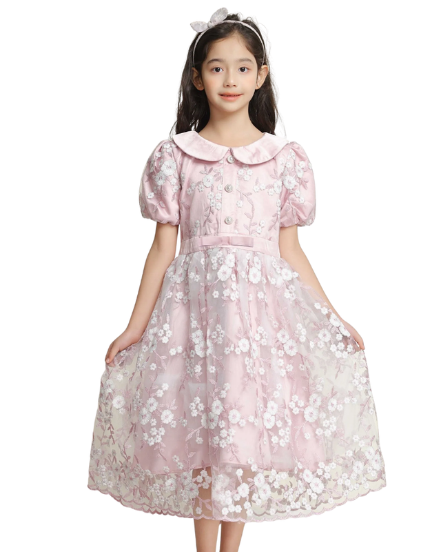 فستان حفلات للبنات من لي كريستال - بياقة بيتر بان وحزام - وردي