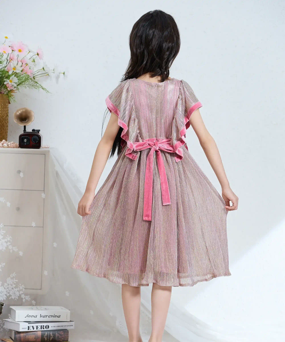 فستان حفلات مكشكش بأكمام قصيرة من لي كريستال للبنات - وردي