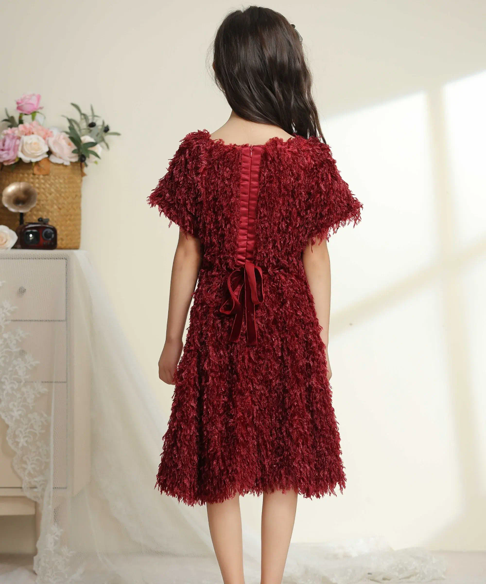 فستان حفلات قصير الأكمام للبنات من لي كريستال مع حزام - لون عنابي