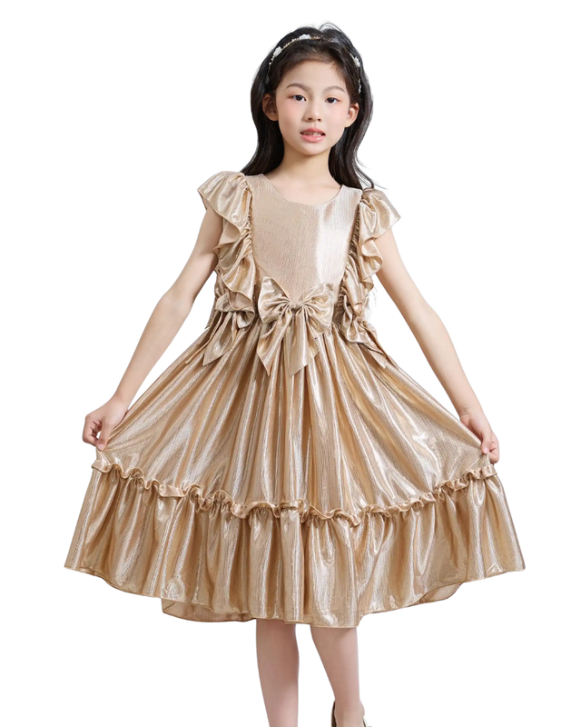 فستان حفلات لي كريستال للبنات - ذهبي اللون، بدون أكمام، مزين بكشكشة، مصنوع من قماش اللوريكس