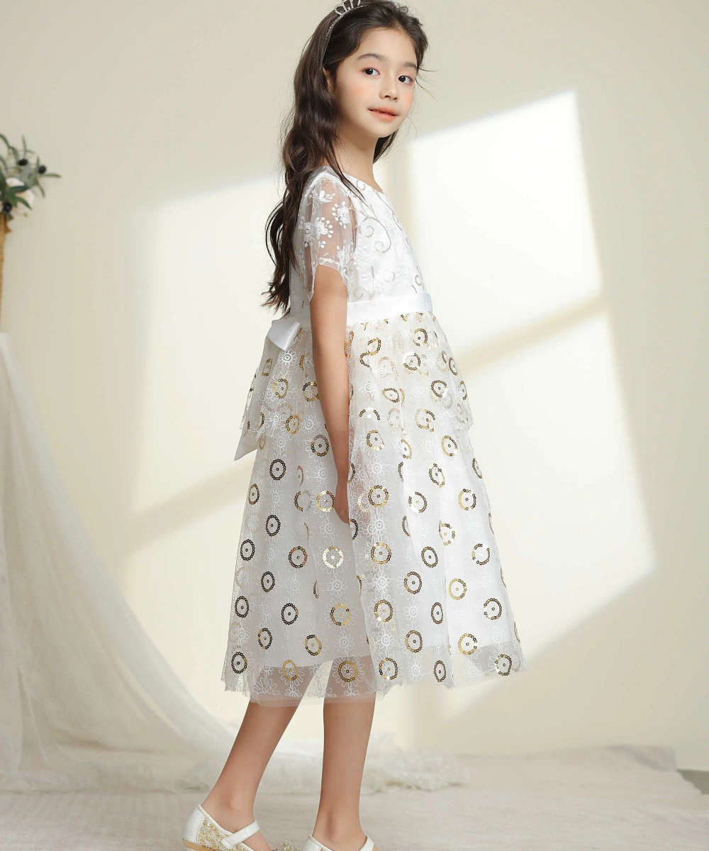 فستان تول للبنات من لي كريستال مع حزام - أبيض