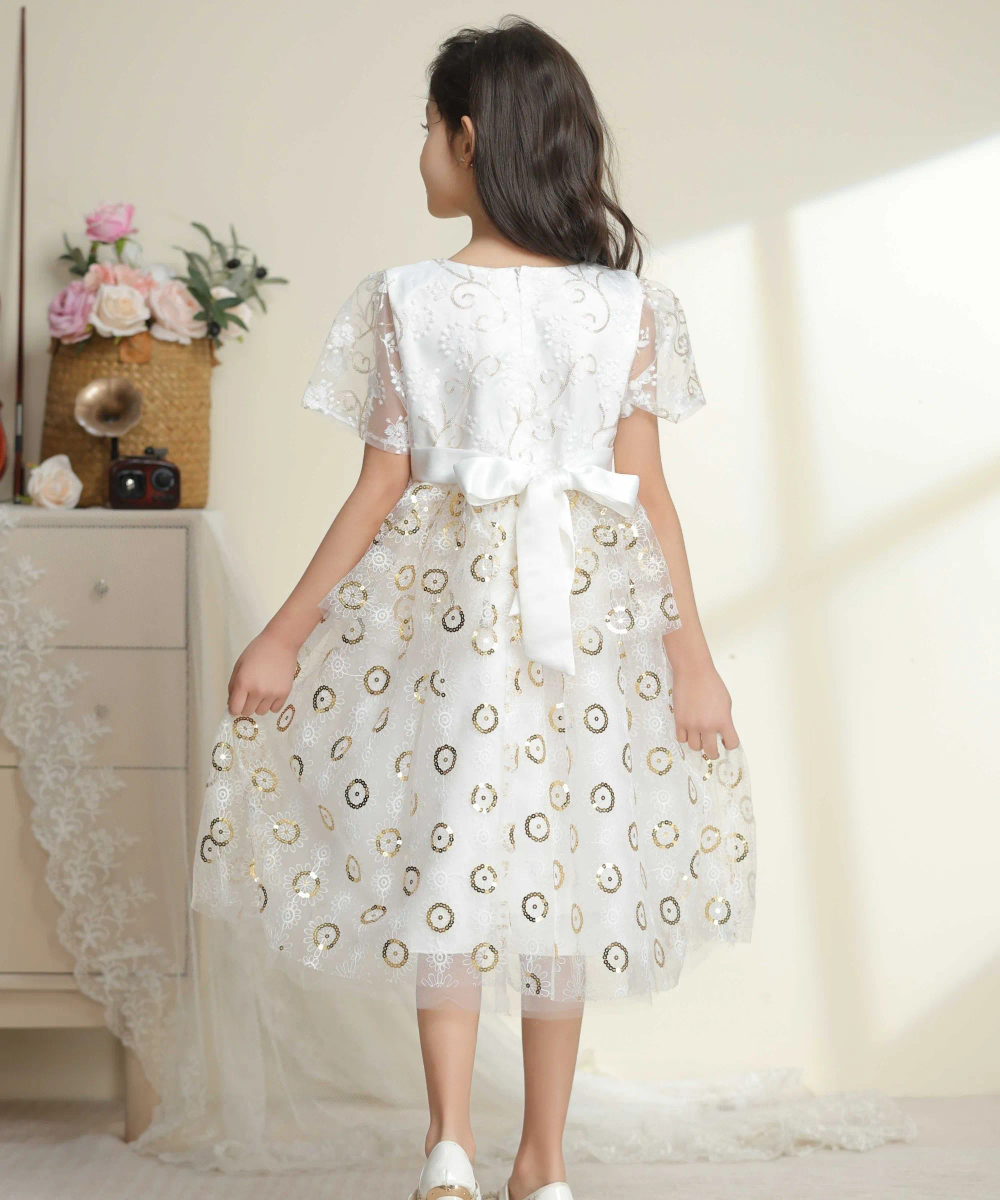 فستان تول للبنات من لي كريستال مع حزام - أبيض