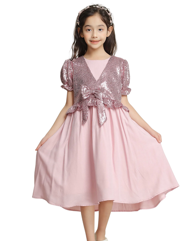 فستان حفلات بأكمام قصيرة للبنات من لي كريستال - وردي