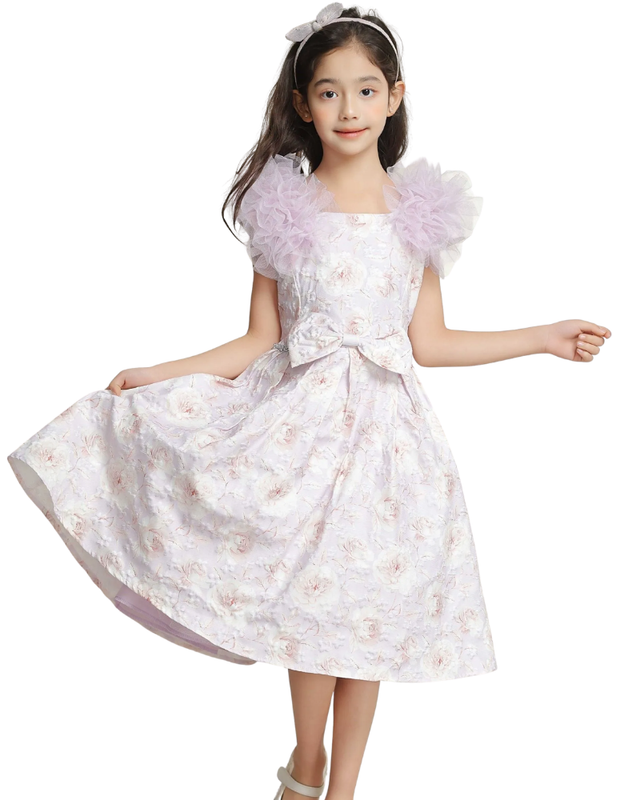 فستان حفلات بأكمام قصيرة وحزام من لي كريستال للبنات - لون لافندر