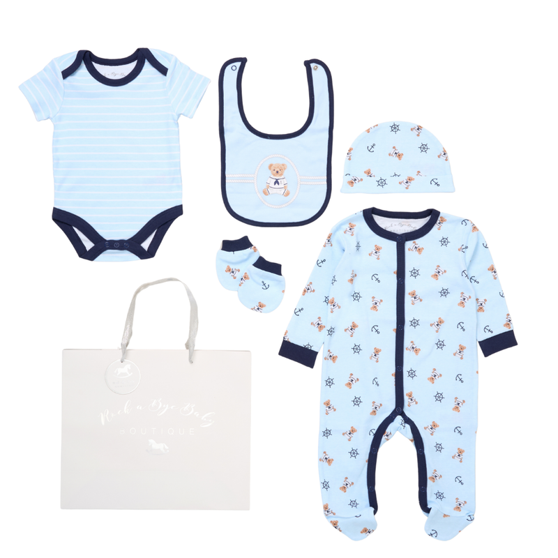 Rock a Bye Baby - Baby Boys Sailor Bear Mesh Bag Gift Set - Blue