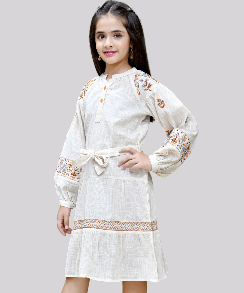 Flower Girl - Girl's Embroidered Full Sleeves Dress - Light Beige