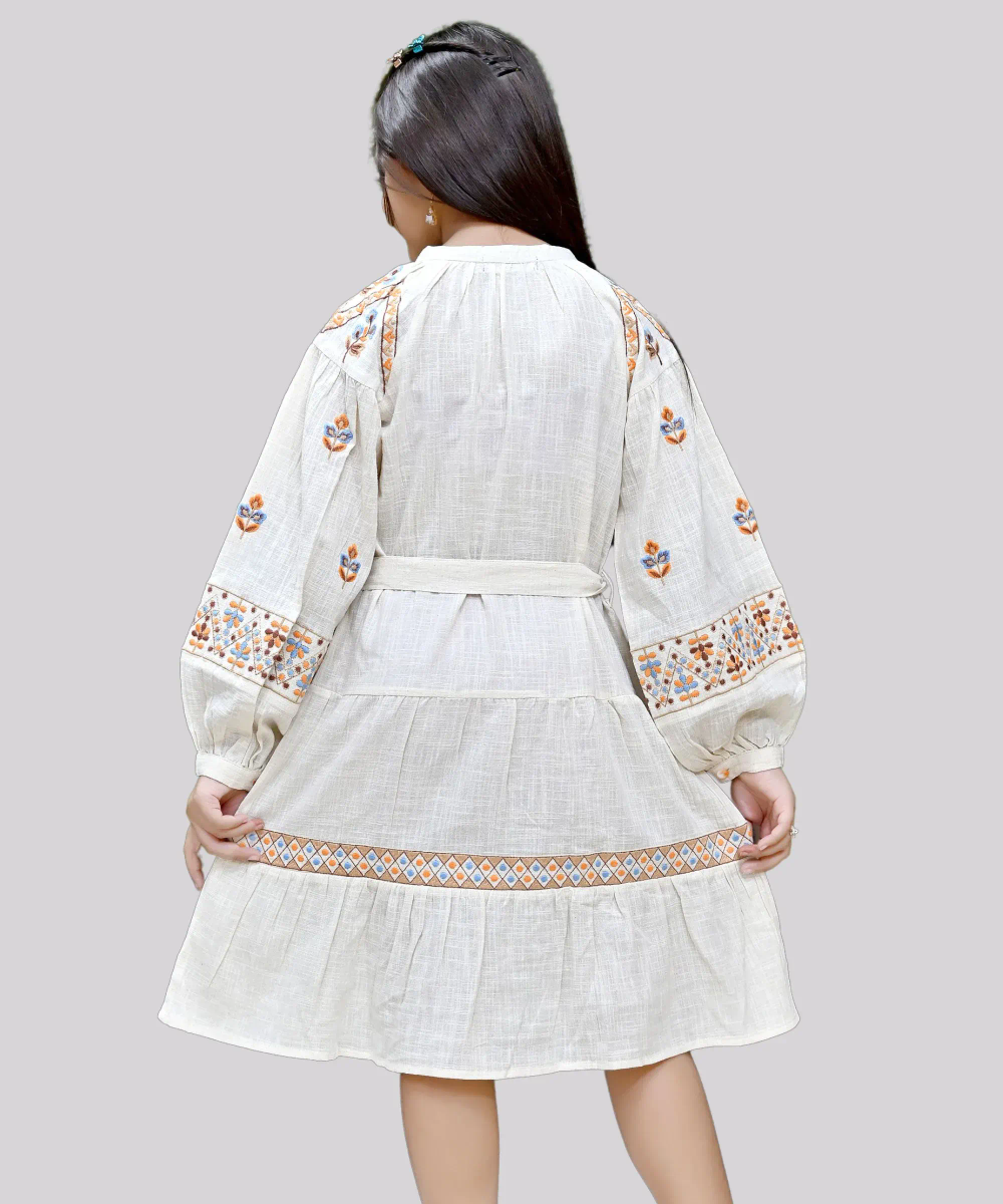 Flower Girl - Girl's Embroidered Full Sleeves Dress - Light Beige