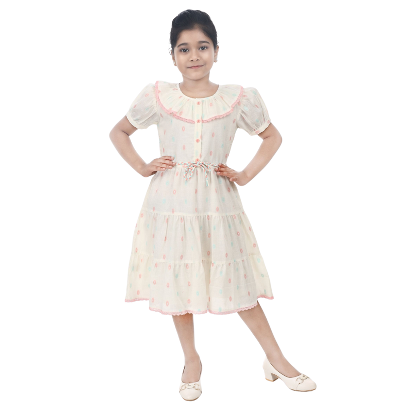 Flower Girl - Girl's Puff Sleeves Round Neck Dress - Off White