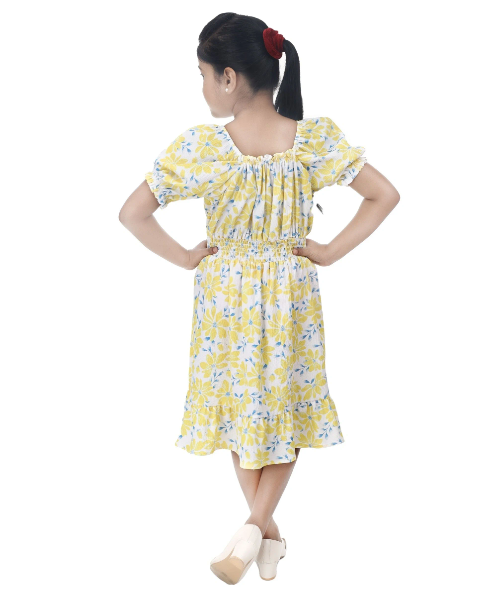 Flower Girl - Girl's All Over Print Square Neck Dress - Yellow