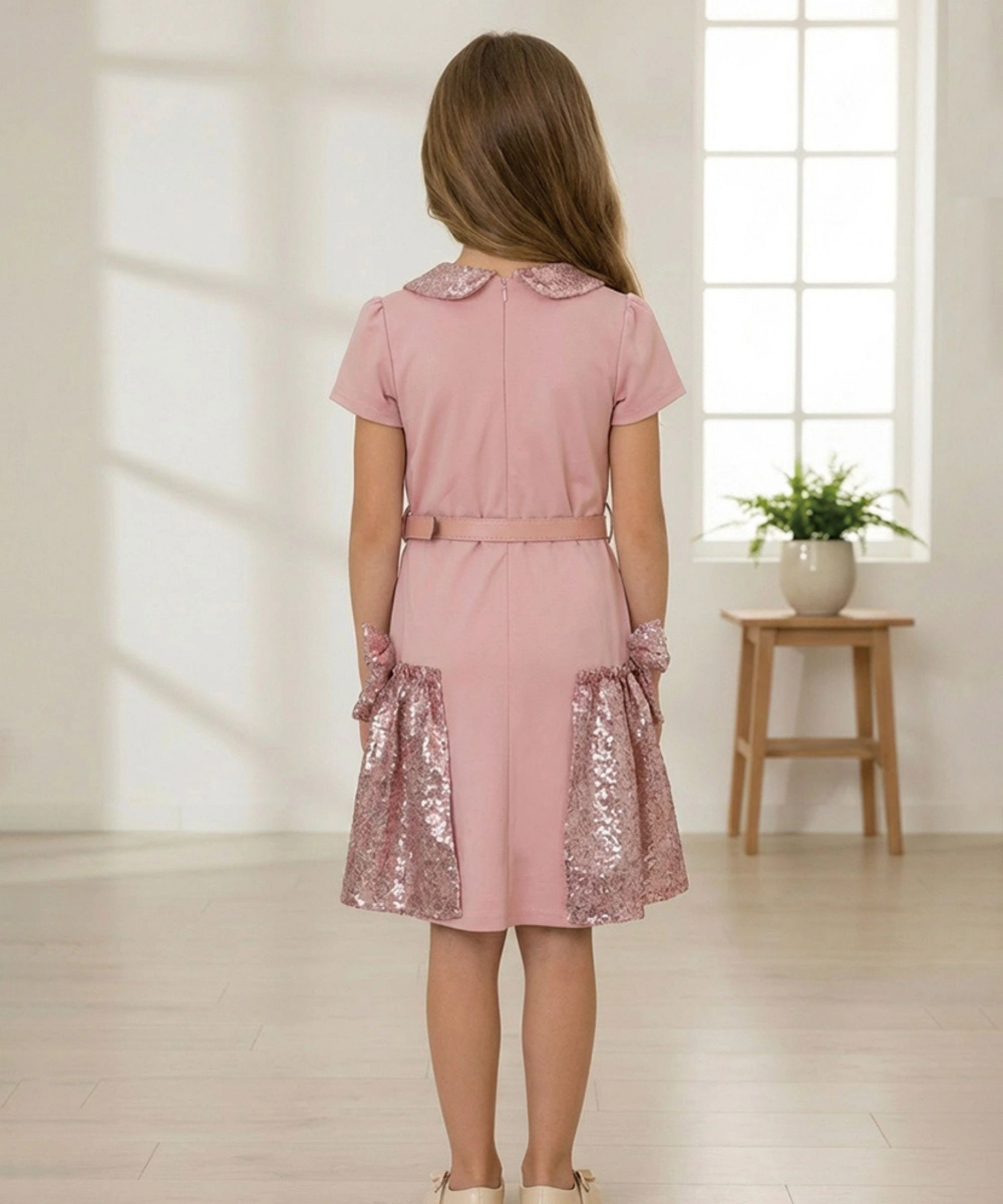 Le Crystal - Girl's Sequined Mesh Party Dress - Pink