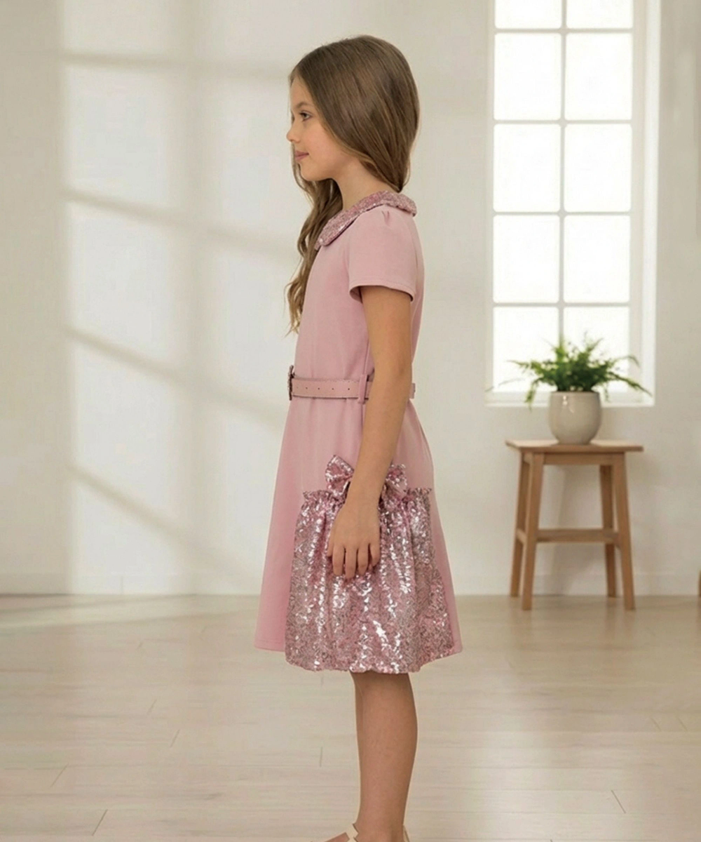 Le Crystal - Girl's Sequined Mesh Party Dress - Pink