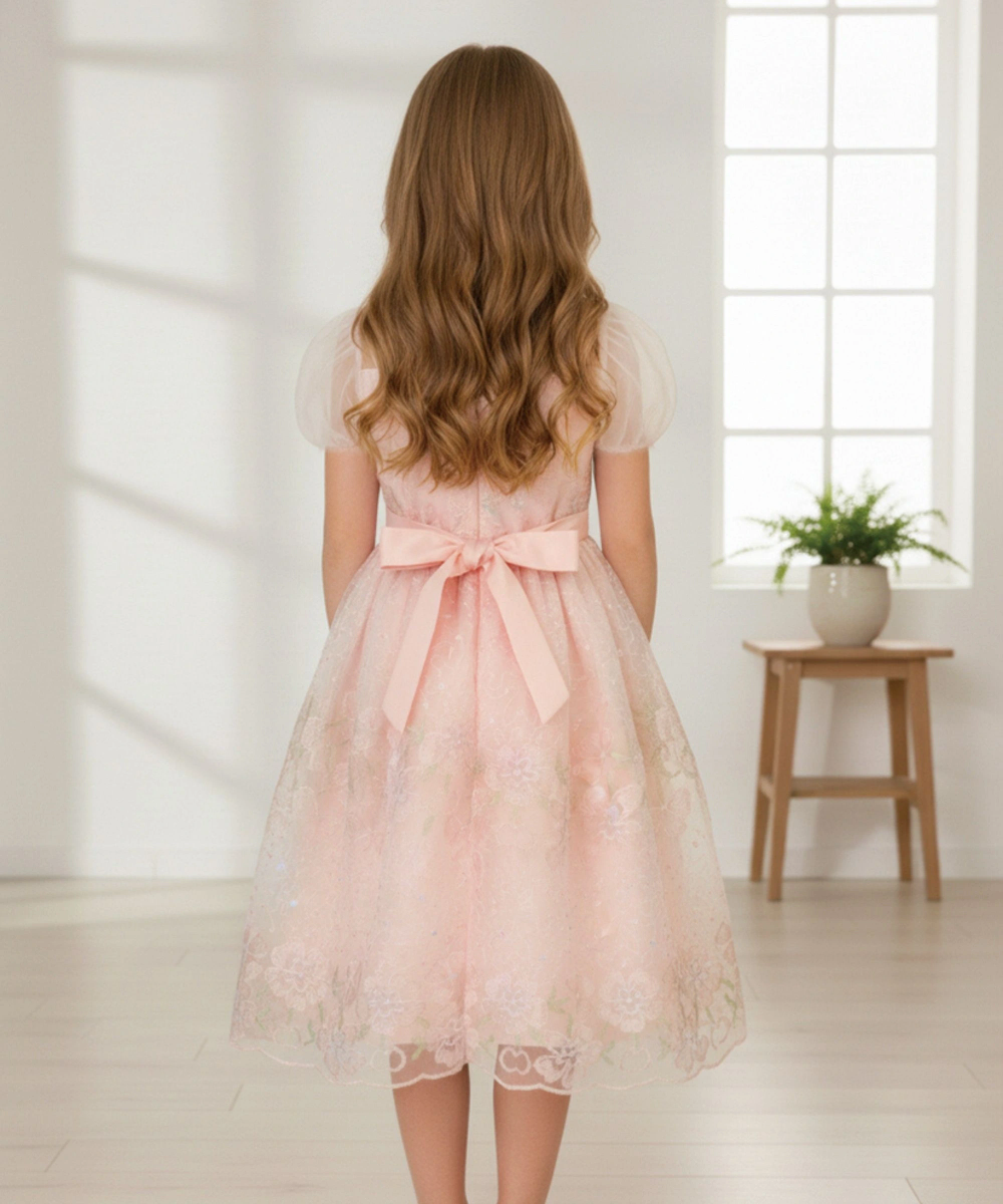 Le Crystal - Girl's Embroidered Tulle Party Dress - Pink
