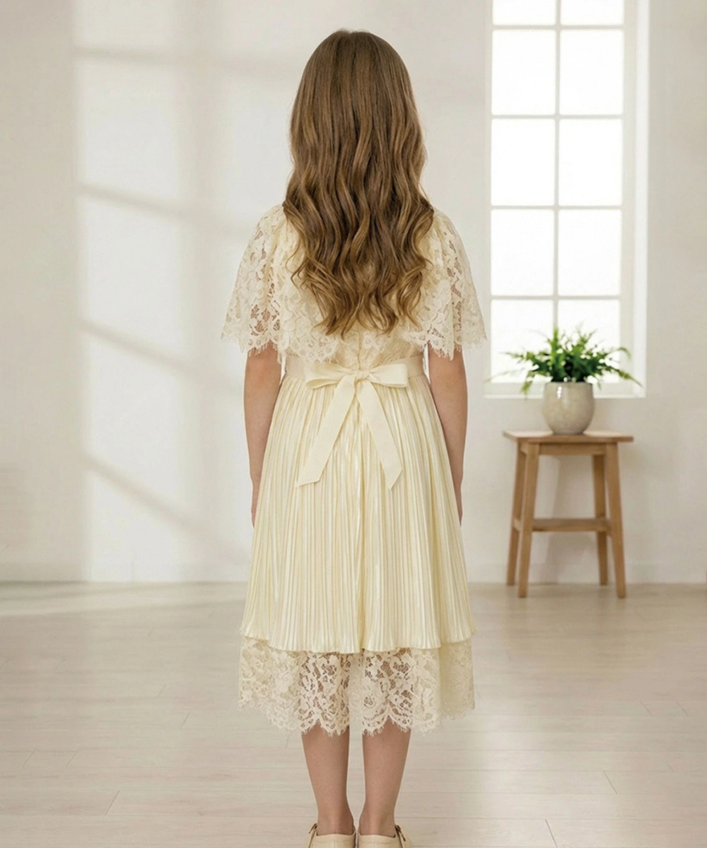 Le Crystal - Girl's Pleated Party Dress - Cream