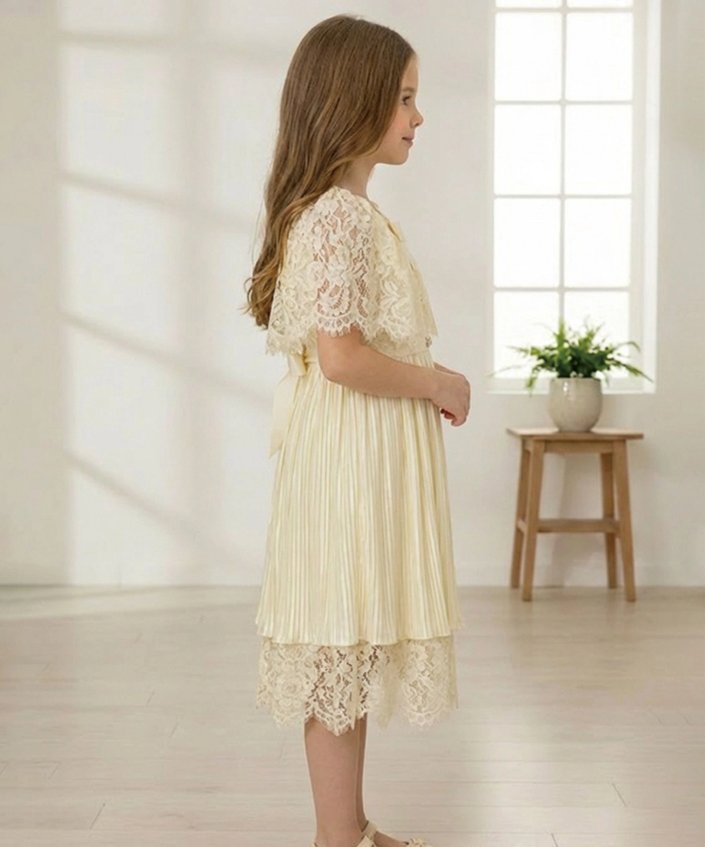 Le Crystal - Girl's Pleated Party Dress - Cream